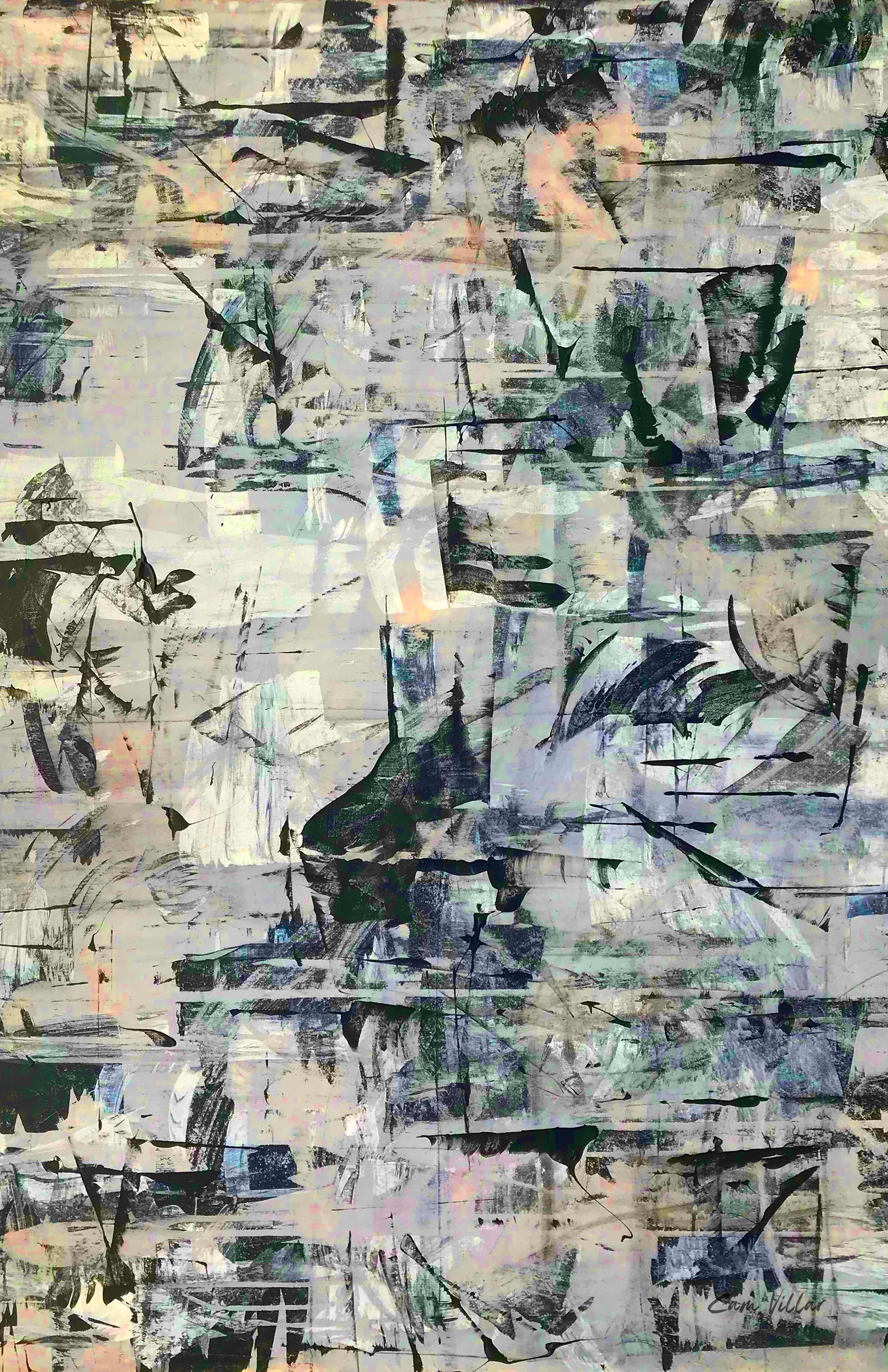 Original modern abstract painting with bold brushstrokes and textures, ideal for contemporary interior decor.