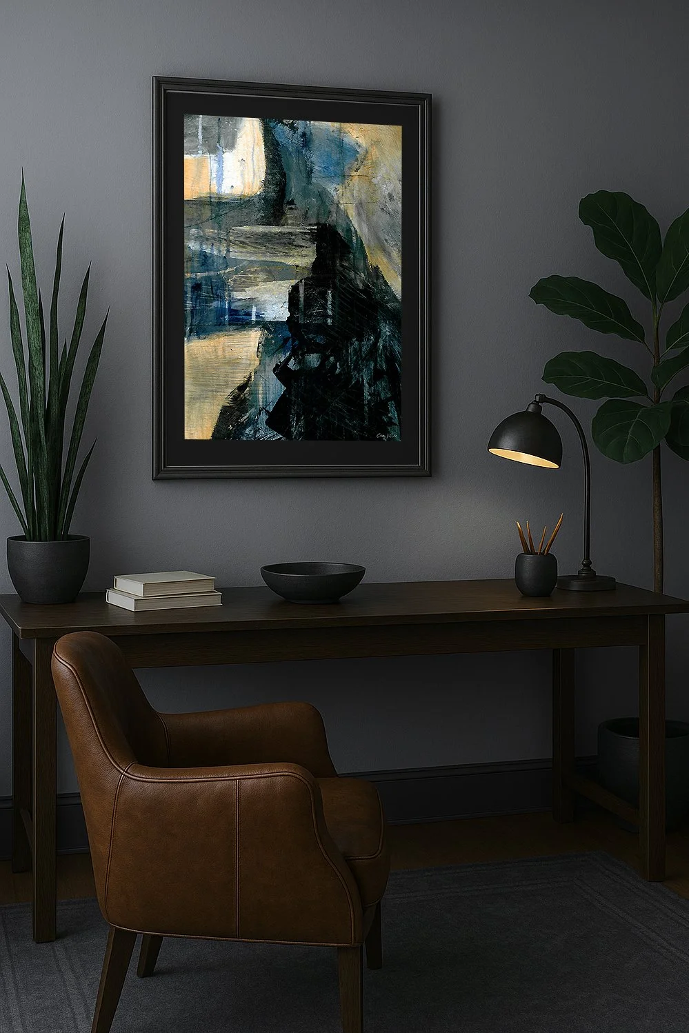 Framed Moody abstract landscape art print in slate, sand, and black ink with weathered texture and coastal atmosphere.