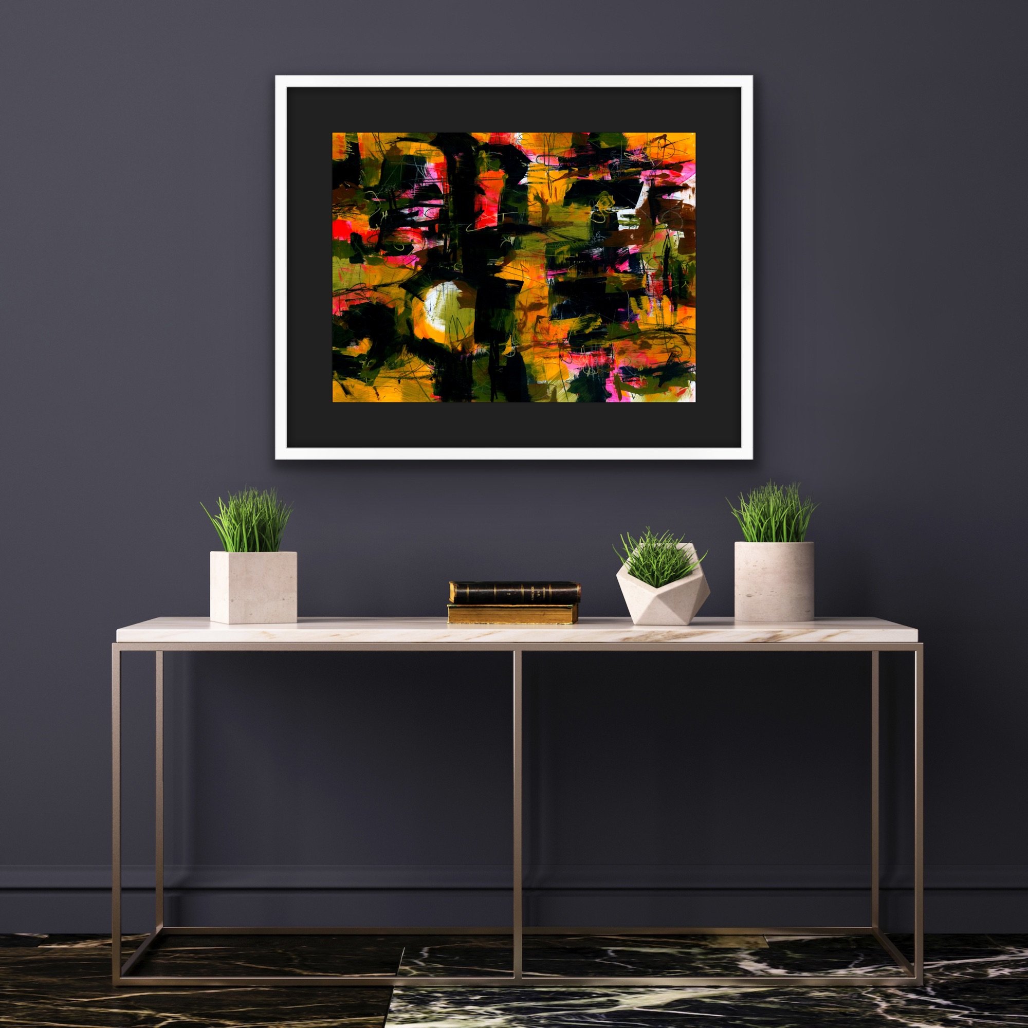 Original modern abstract painting with bold brushstrokes and textures, ideal for contemporary interior decor.