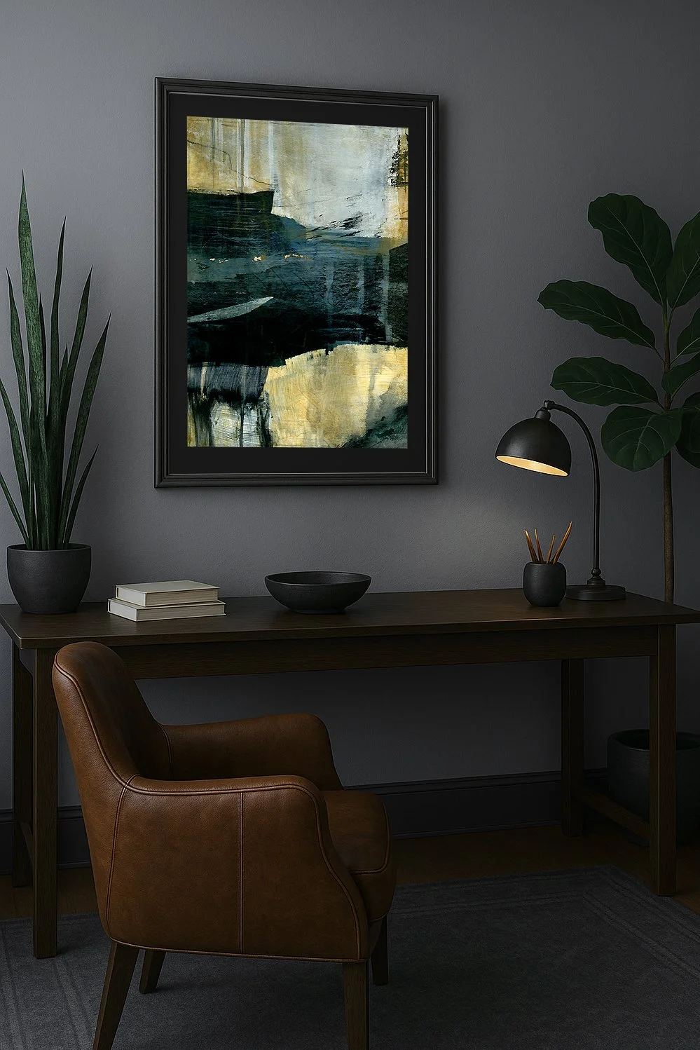 Framed Abstract seascape art print with slate blue, gold, parchment white, and deep black in a layered modern coastal composition.