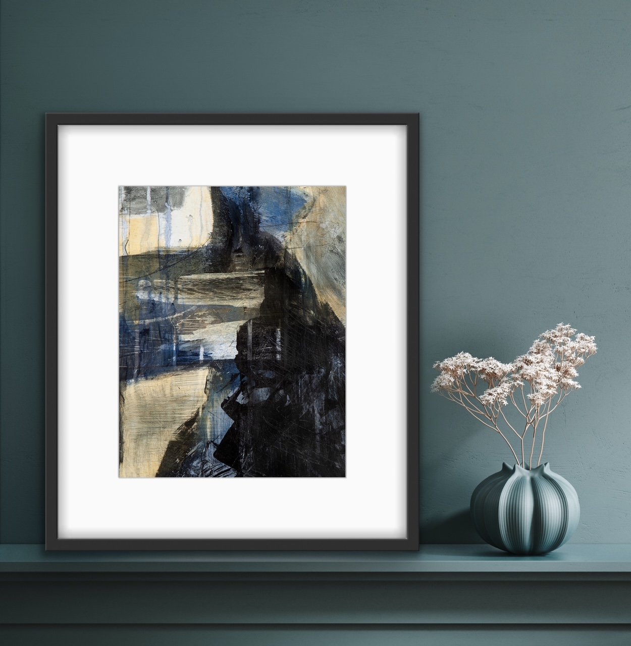 Original modern abstract painting with bold brushstrokes and textures, ideal for contemporary interior decor.