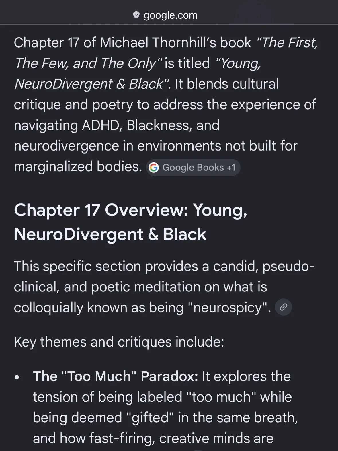 Looked up a chapter of my book on the website at www.TheFirstTheFewAndTheOnly.com and google did a synopsis of chapter 17. 

Not gonna lie, it&rsquo;s pretty on point!  And this is hella cool lol.

#blackwritersofinstagram #thefirstthefewandtheonly #