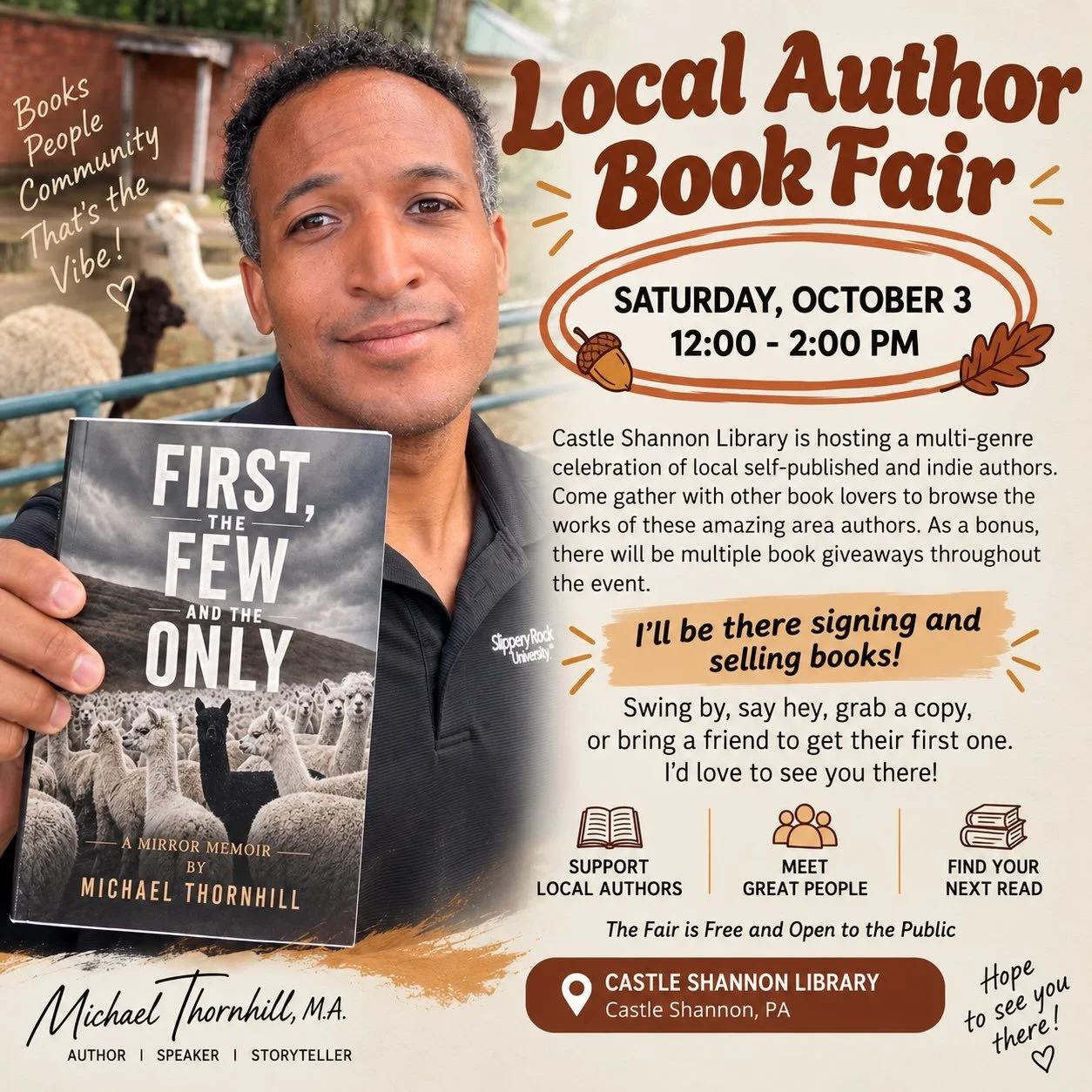 📚 COME SEE ME AT CASTLE SHANNON LIBRARY! 📚

Y&rsquo;all know one of my favorite things about this whole book journey has been actually getting to meet the people who are reading The First, The Few and The Only.

So on Saturday, October 3rd from 12&