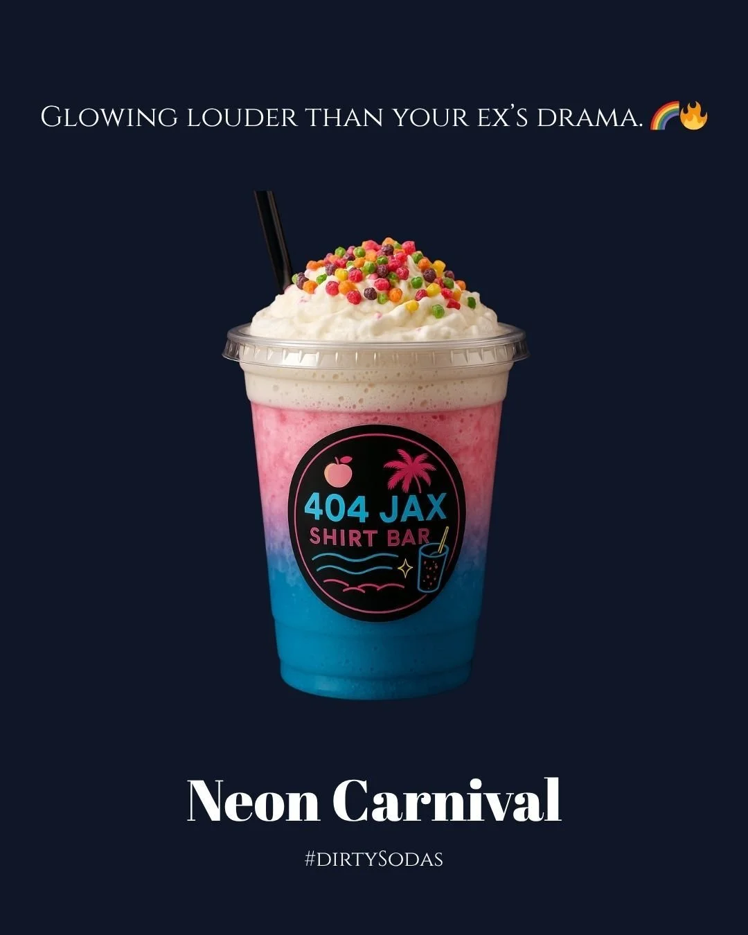 Carnival lights, zero clowns. 🤡✌🏽 Our Neon Carnival Dirty Soda glows louder, sweeter, and way more savage than your average sip. 🌈🔥 Come catch the vibe.
#NeonCarnival #DirtySoda #SavageSips #404JAX #SipTheGlow