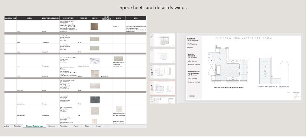 Screenshot of a detailed product specification sheet with sections on tile and countertop materials, flooring, lighting, plumbing, paint, and mirrors, alongside a smaller image of master bathroom tile and shower floor layout drawings.