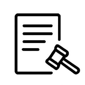 Outline of a document with text lines and a gavel, representing a legal or courtroom document.