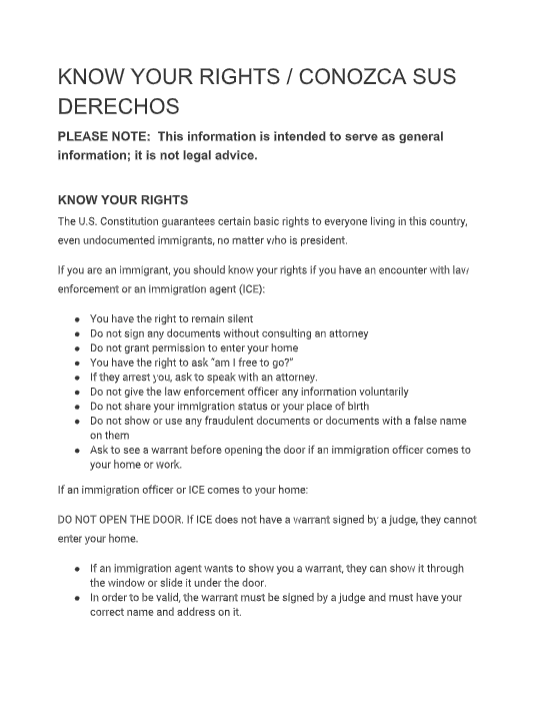 Informational flyer titled 'Know Your Rights / Conozca Sus Derechos' listing rights of immigrants regarding legal interactions, including rights to remain silent, not sign documents, and ask for an attorney; also covers immigration enforcement scenarios.
