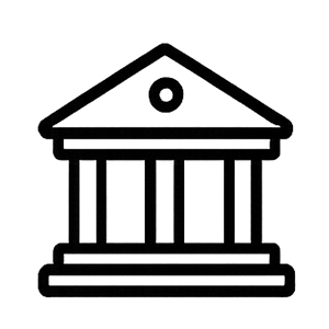 Outline drawing of a classical government or institutional building with columns.