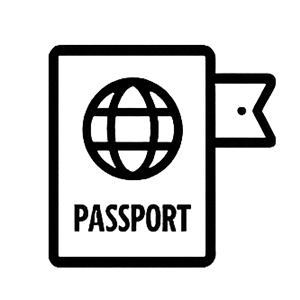 Icon of a passport with a globe symbol and a small flag on the side.