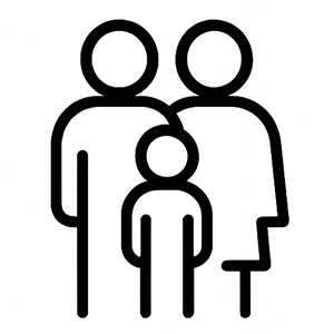 Outline of four people standing together, with two taller figures behind and two shorter figures in front, representing a group.