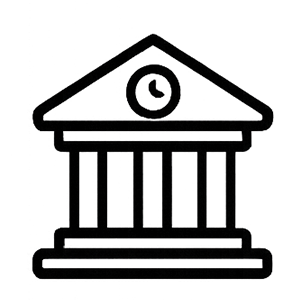 Outline drawing of a classical government or courthouse building with pillars and a clock on the front