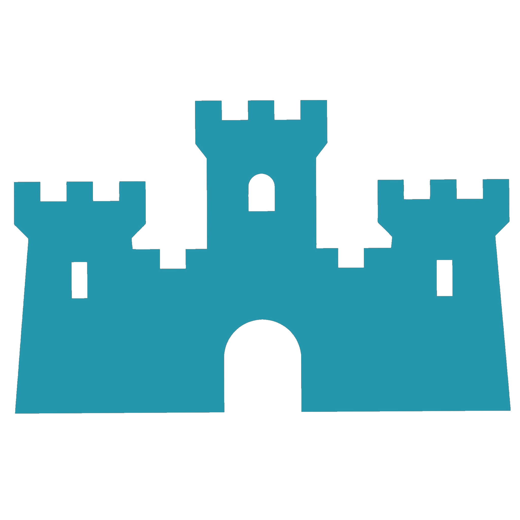A graphic of a dark blue castle with three towers and a bridge, set against a black background.