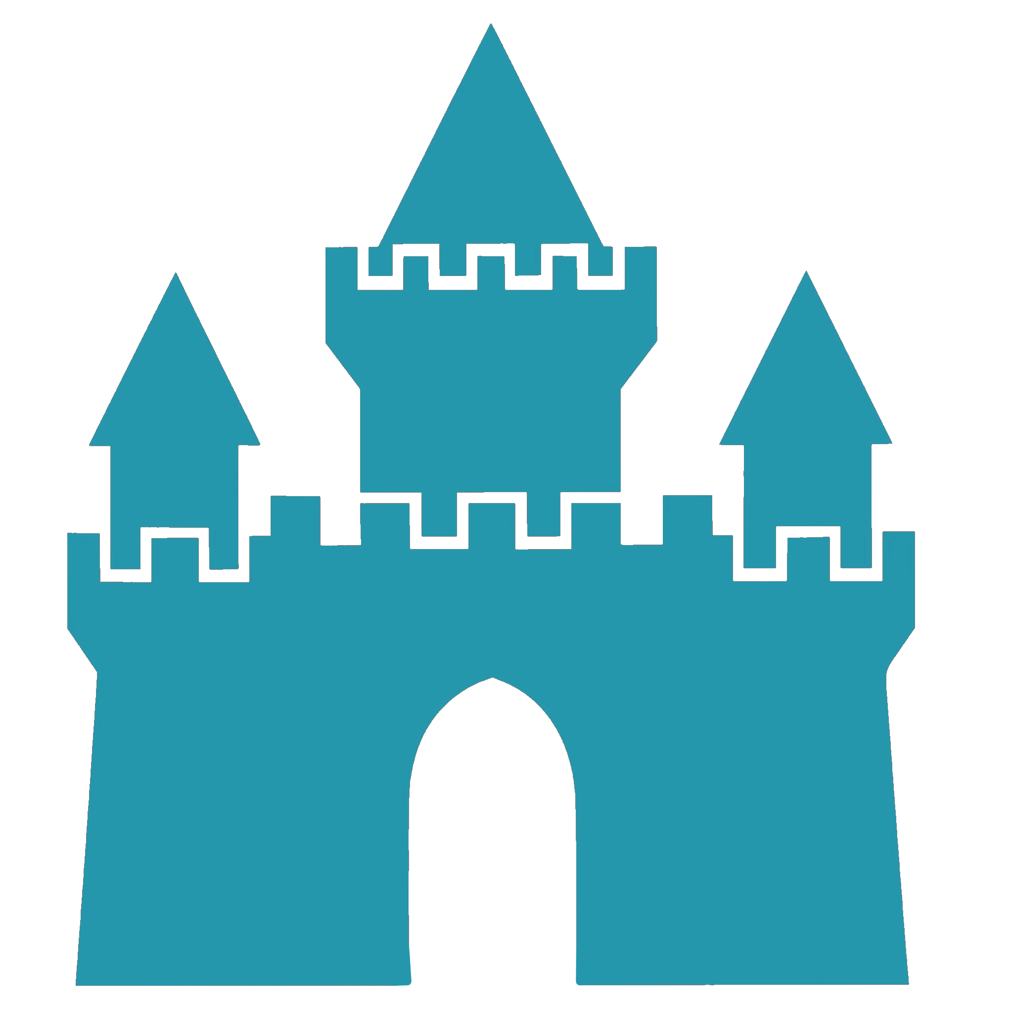 A stylized digital graphic of a castle with three towers, each topped with a triangle, and a large central tower with a crenellated battlement, in shades of blue.