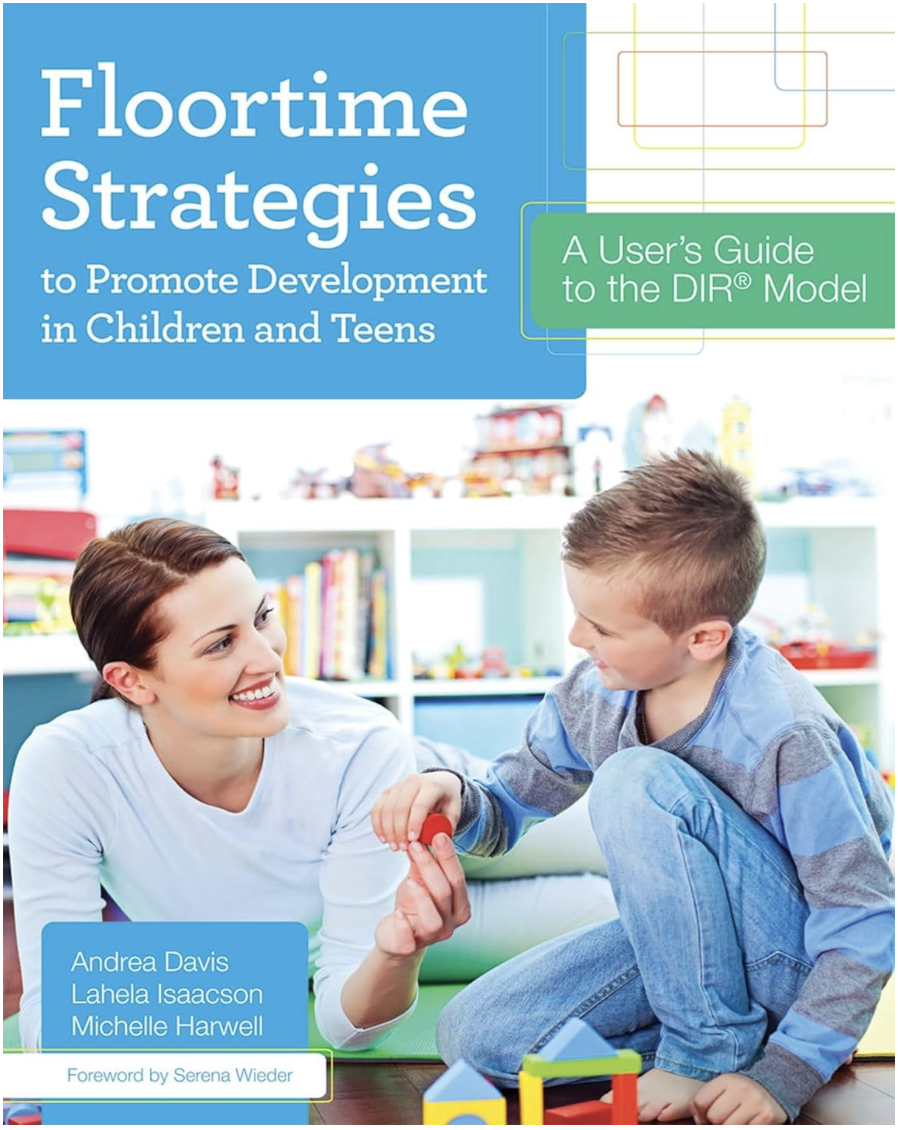 Book cover titled 'Floortime Strategies to Promote Development in Children and Teens,' showing a woman and a young boy engaging in an activity in a colorful playroom.