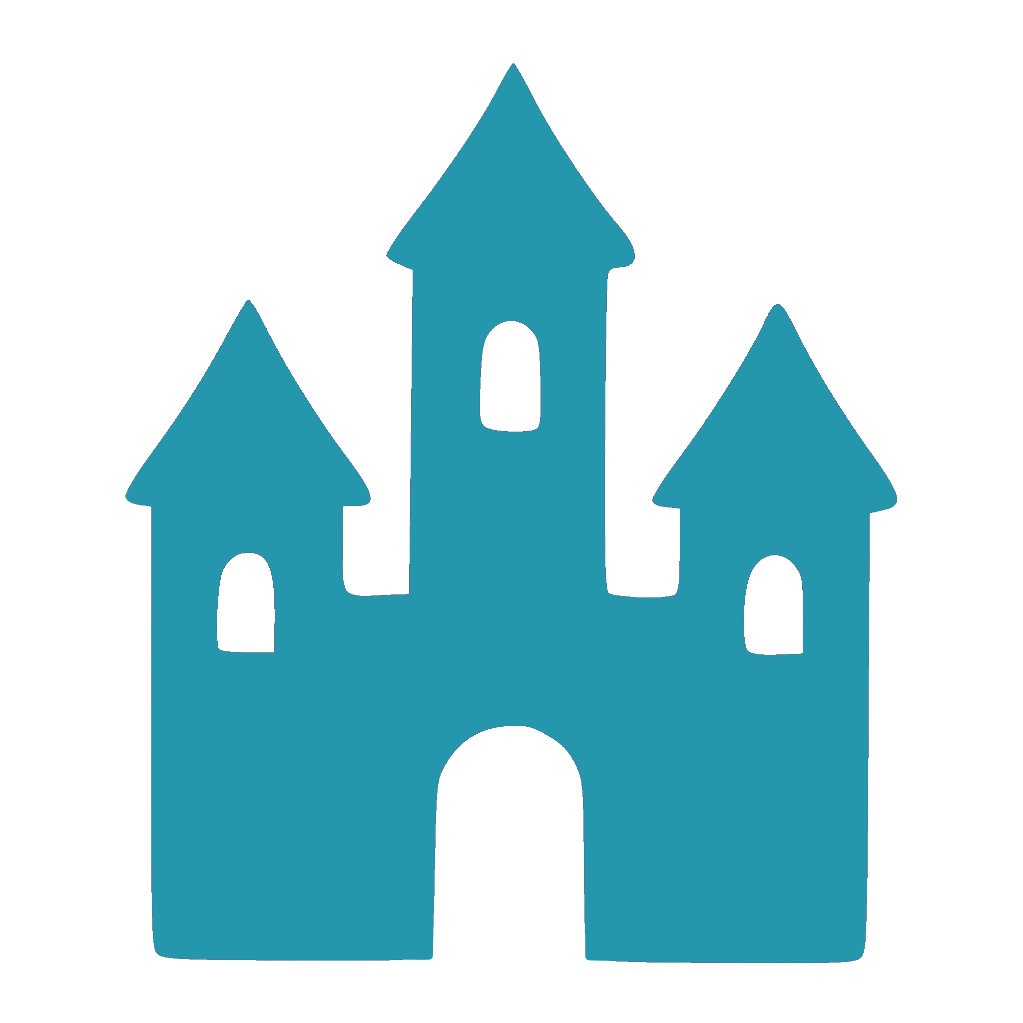 Silhouette of a castle with three towers, two on either side and one in the middle, all in a stylized blue color.