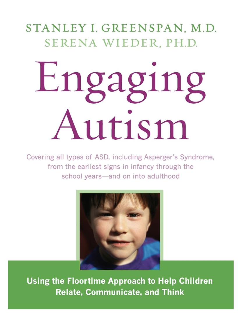 Book cover titled "Engaging Autism" by Stanley I. Greenspan and Serena Wieder with a photo of a young boy with brown hair, smiling, wearing a blue shirt, framed in green, with a green banner at the bottom.