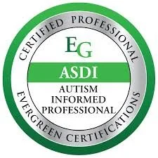 Circular badge with green and white design, reading 'Certified Professional Autism Informed Professional' and 'ASDI', indicating certification in autism awareness.