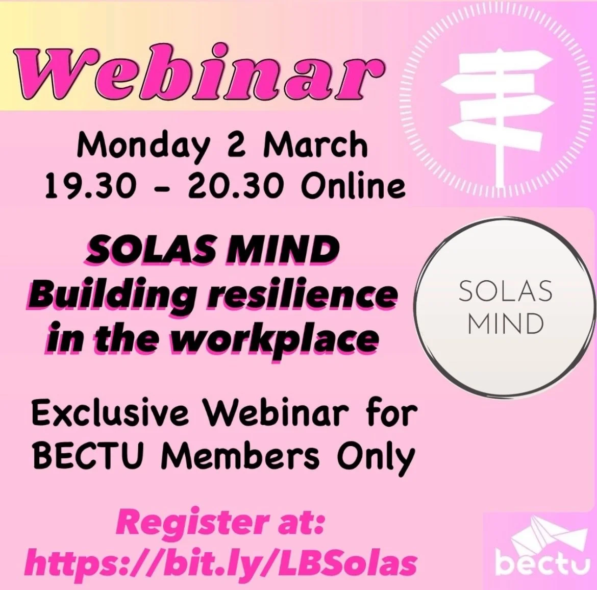 *EXCLUSIVE WEBINAR FOR BECTU MEMBERS ONLY*

We are hosting a Mental health awareness and resilience ZOOM with Sarah McCaffrey founder of Solas Mind from 7.30pm to 8.30pm on Monday 2nd March 2026.

Solas Mind founder Sarah McCaffrey talks about how to