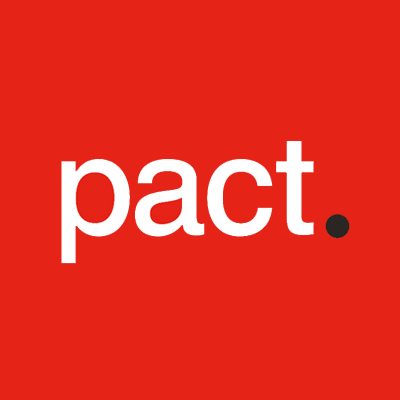 Red background with the white word 'pact' and a black period.