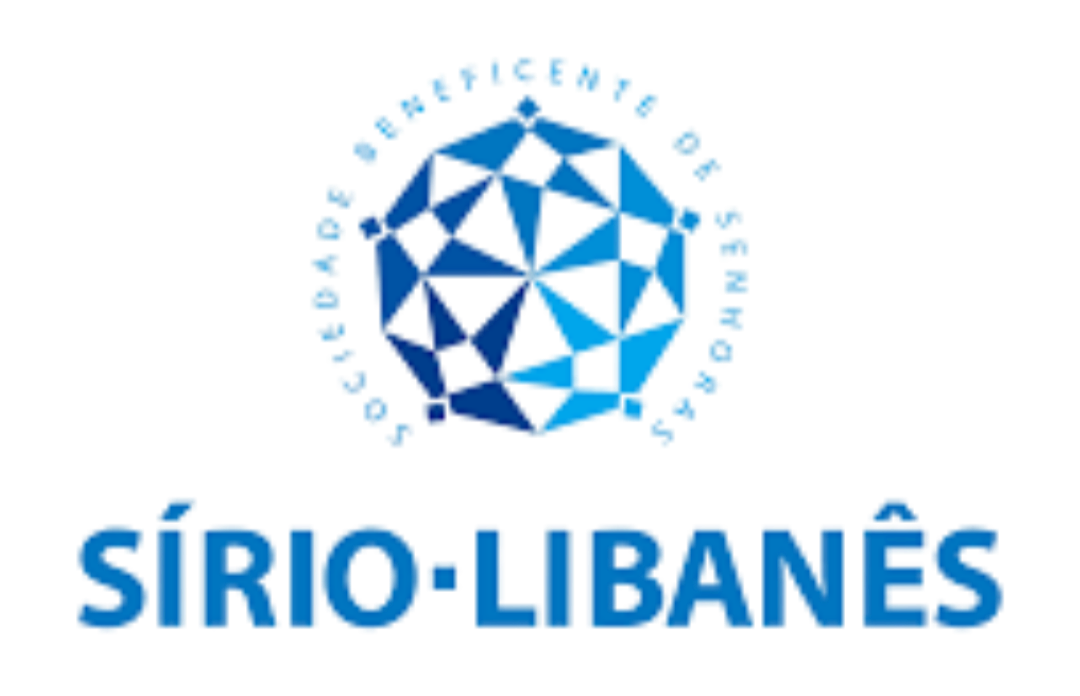 Logotipo do Hospital Sirio Libanês, com um símbolo azul geométrico e o nome escrito abaixo.