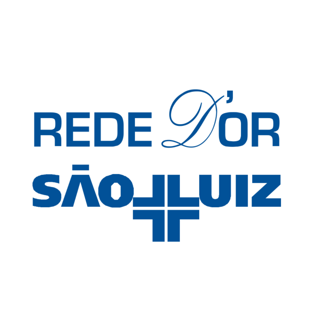 Logotipo com texto "Rede D'or São Luiz" do Hospital São Luiz em cores azul e branco.