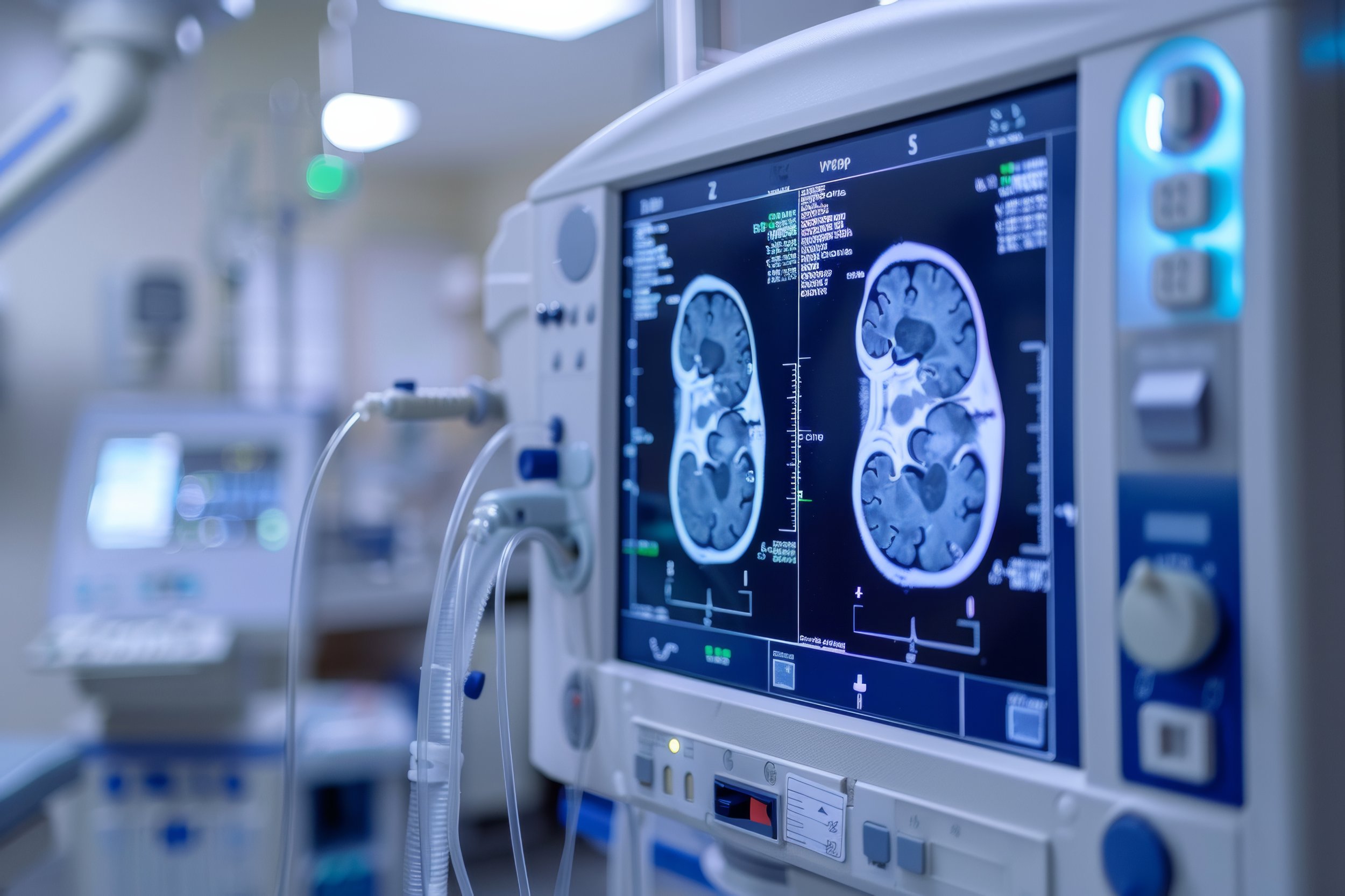 Imagem de um monitor de scanner de ressonância magnética mostrando imagens de cortes transversais do cérebro.