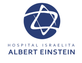 Logotipo do Hospital Israelita Albert Einstein com símbolo oval e texto em português.