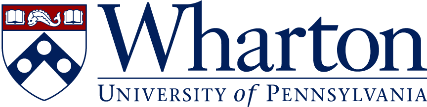 The logo of Wharton School of the University of Pennsylvania, featuring a shield with open books and geometric shapes, accompanied by the text 'Wharton University of Pennsylvania'.