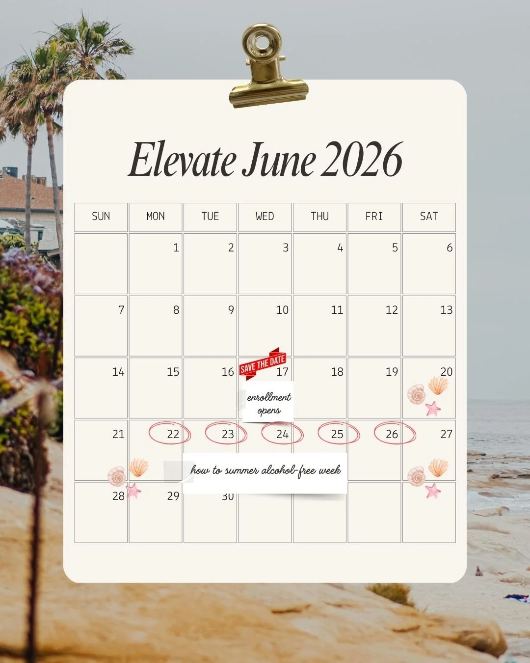 Image is a calendar representing what is happening inside Elevate in June of 2026.