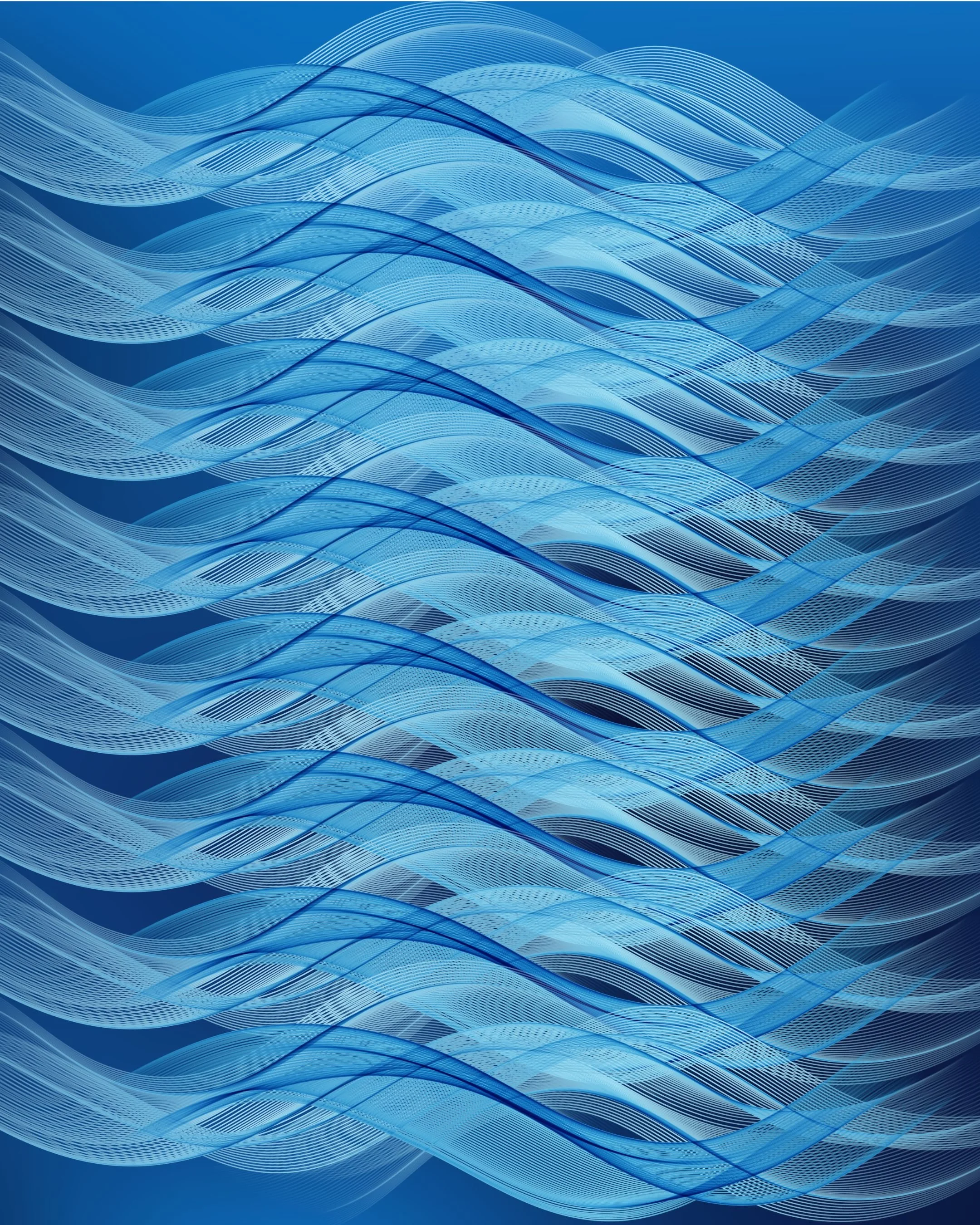 Abstract image featuring multiple overlapping blue and white wavy lines and patterns.