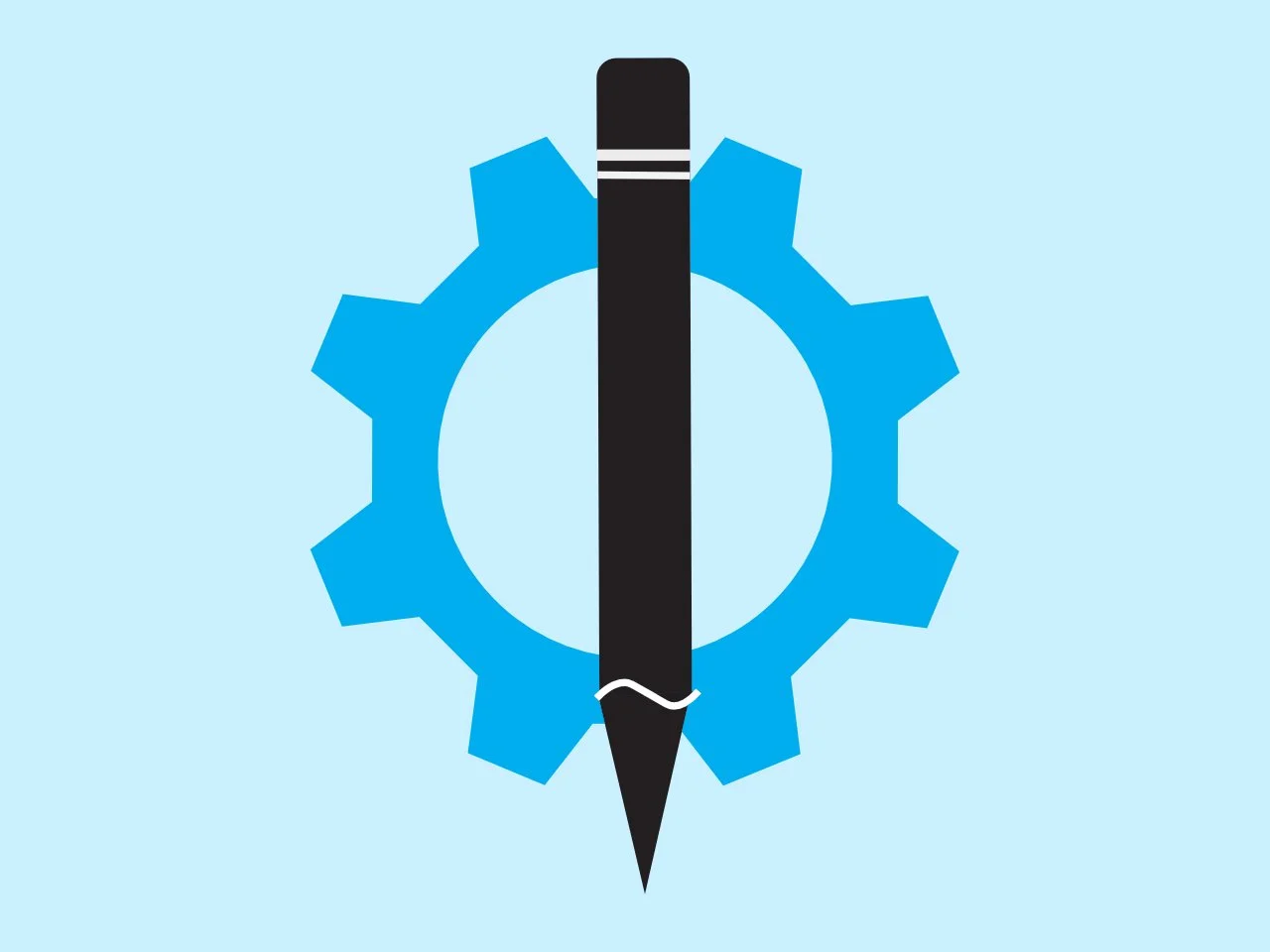 Graphic of The Piano Laboratory Newsletter Logo with a blue gear, a black pen in the center, and a light blue background. Class Piano Books. Class Piano Curriculum. Class Piano Textbook.