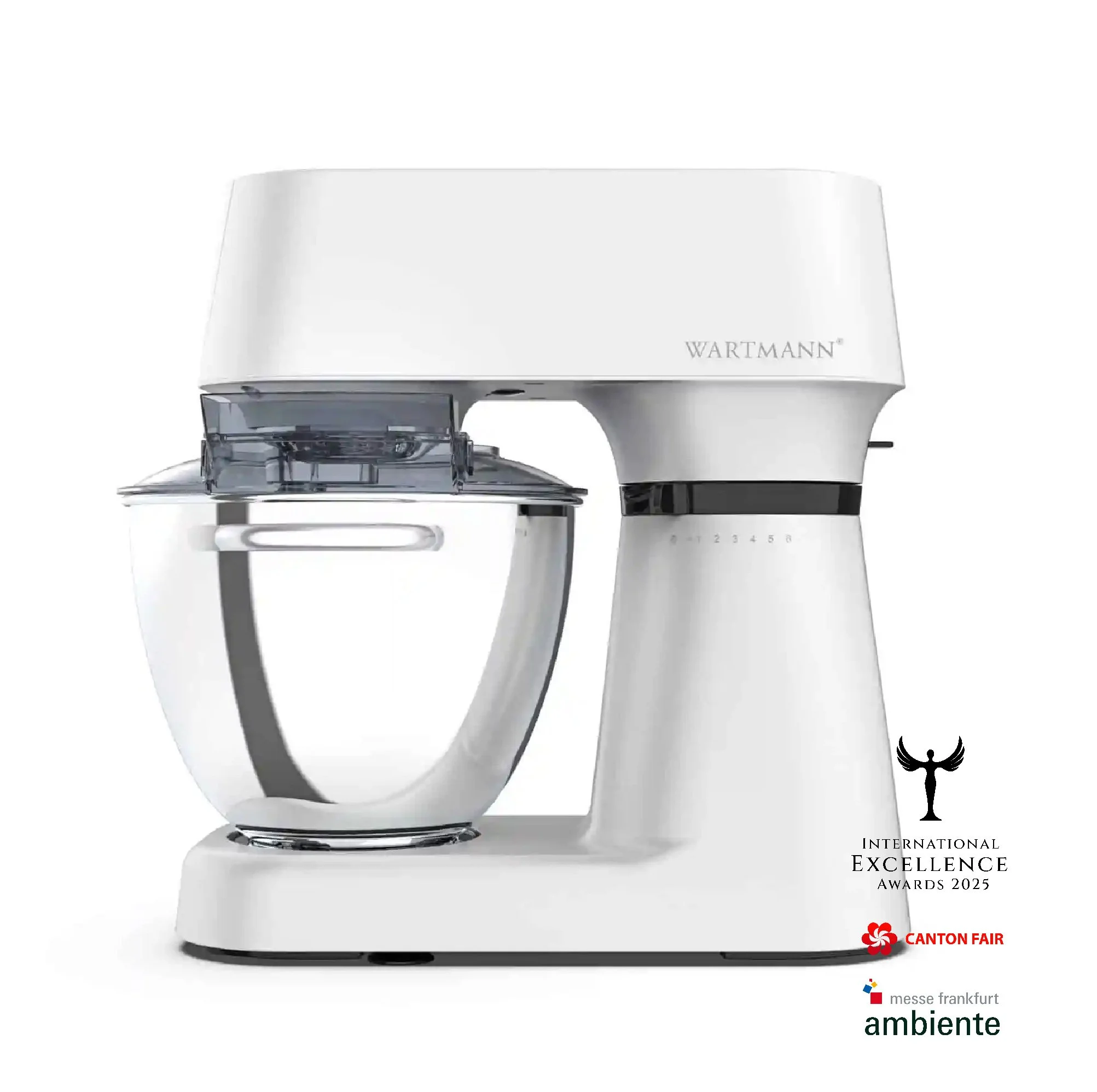 White stand mixer with transparent mixing bowl, brand name visible on side, isolated on white background.