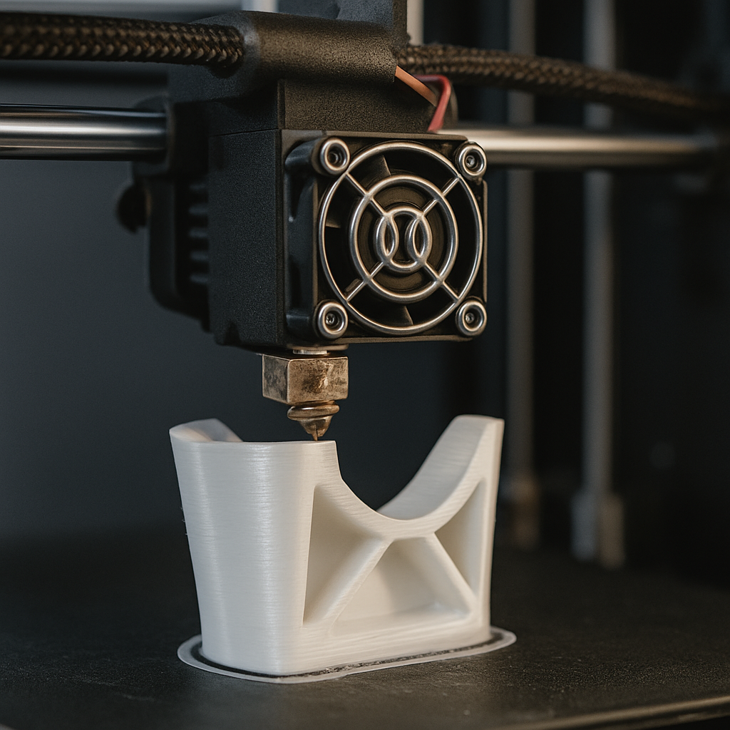 A 3D printer printing a white plastic part with a complex geometric shape.