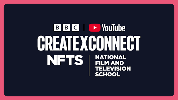 Logo of BBC, YouTube, Create Connect NFTs, and National Film and Television School on a dark background with a pink border.