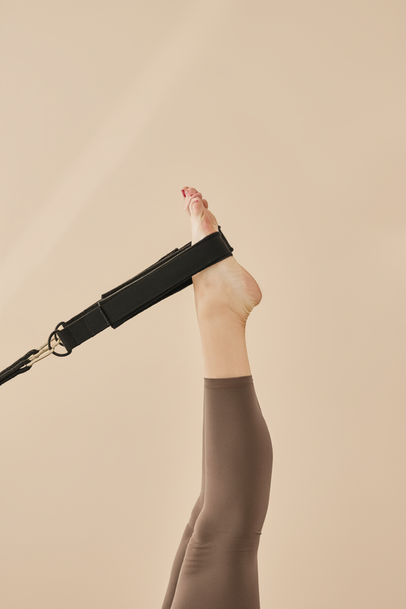 A person's leg extended upward with a strap attached to a Pilates reformer machine.