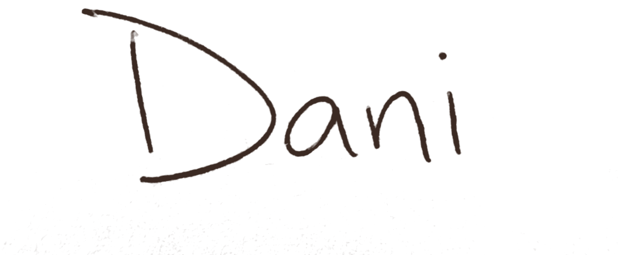 Handwritten text that reads 'Dani' in brown ink on a black background.