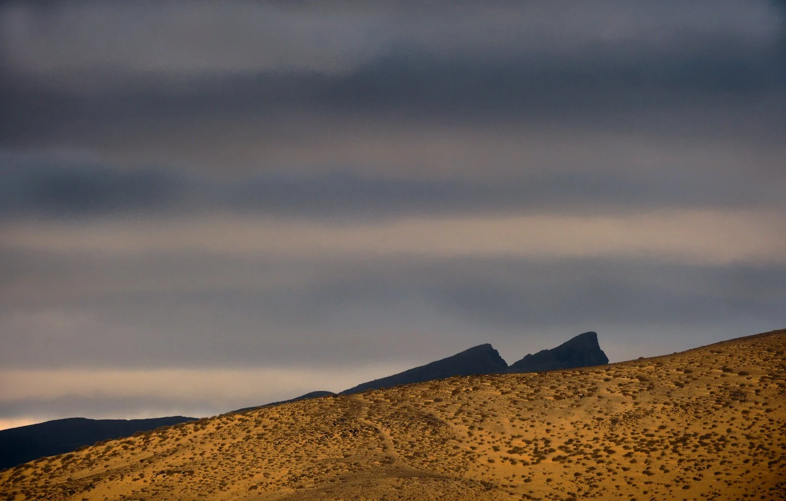 Desert landscape with rolling sandy hills in the foreground and mountains with jagged peaks in the background, under a cloudy sky.