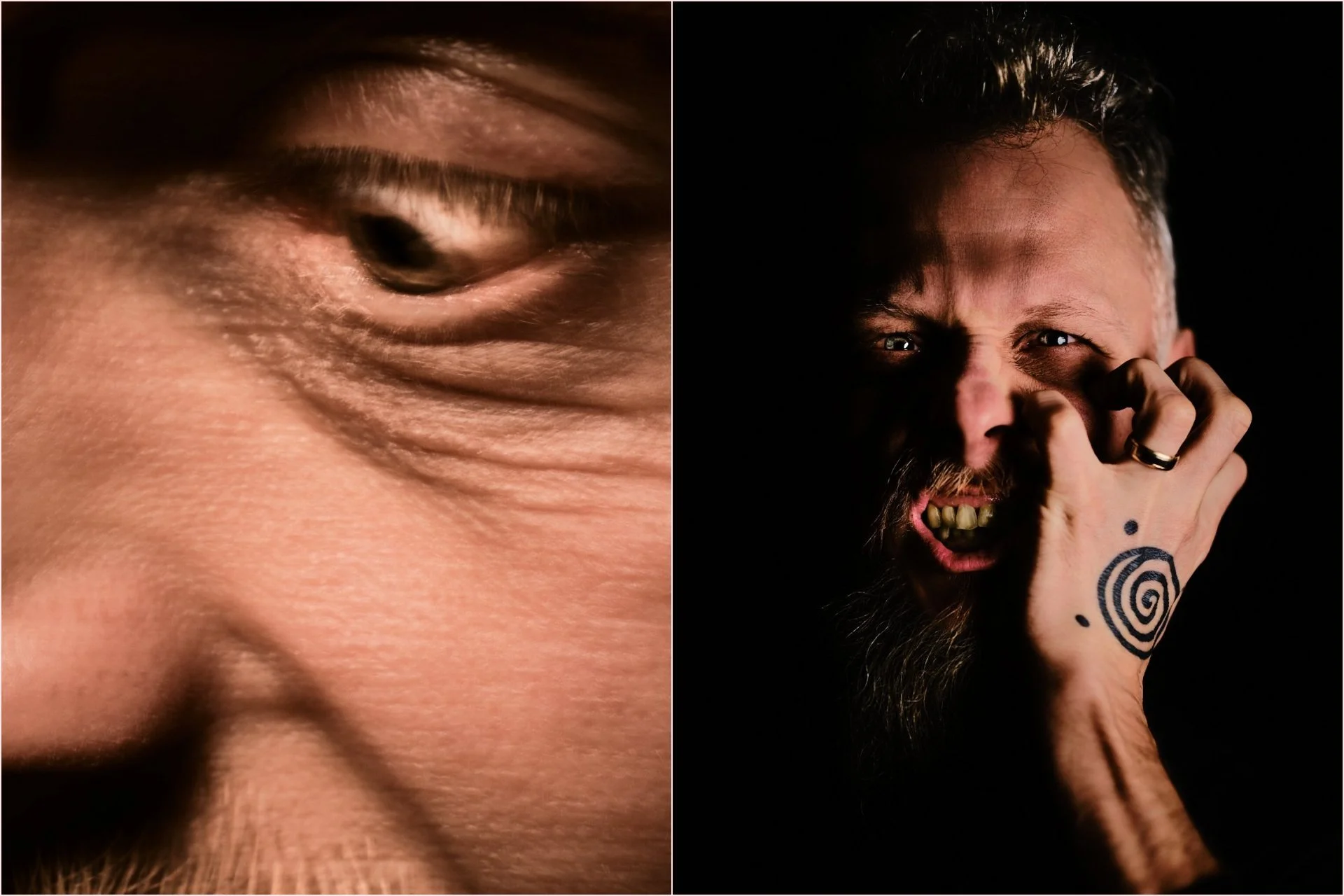 A split image showing close-up of a person's eye with wrinkles and skin texture on the left, and an angry man with facial hair and tattoos on the right, gripping his face and showing clenched teeth.