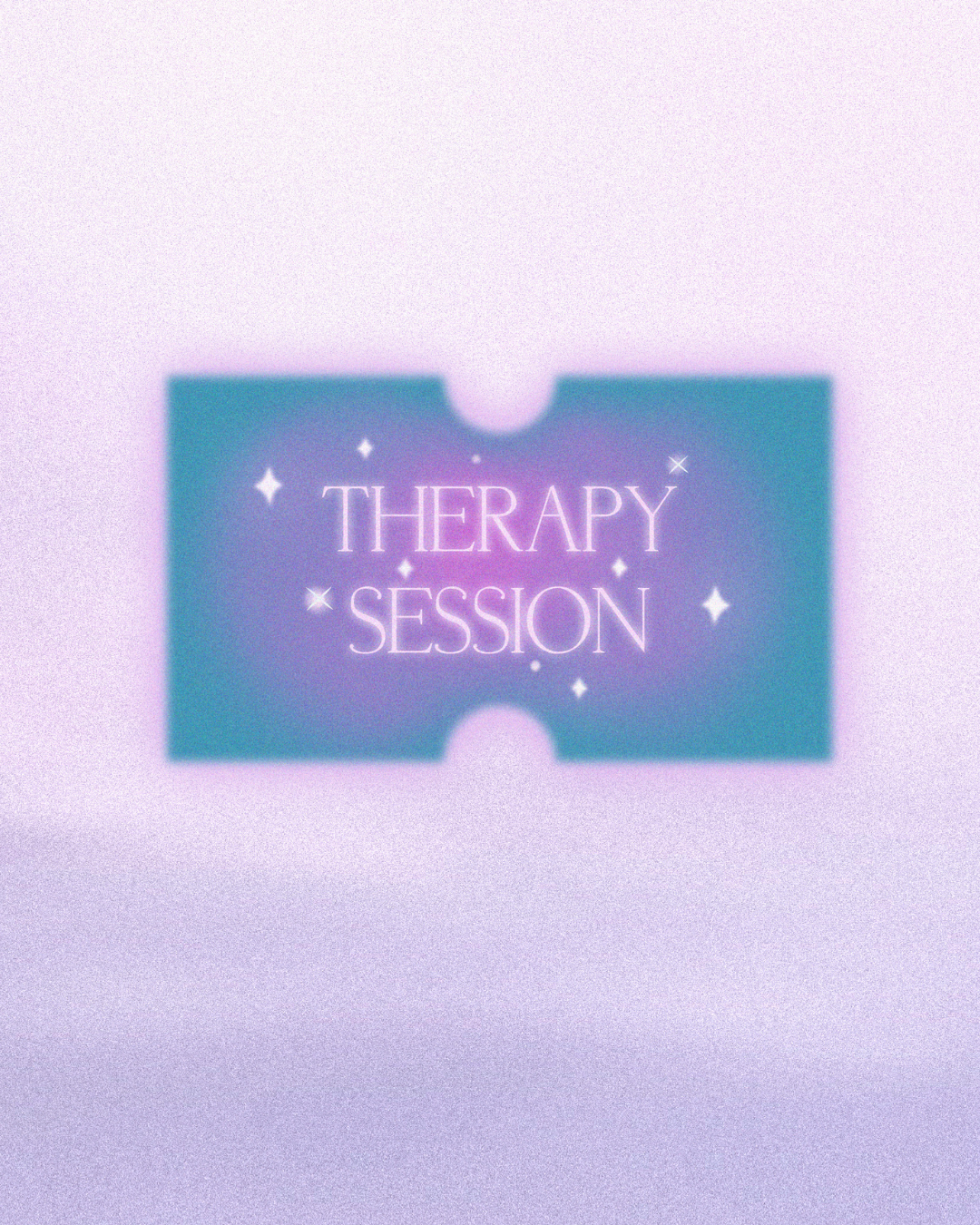 A blue card with purple and white text reading 'Therapy Session' surrounded by small white stars and sparkles.