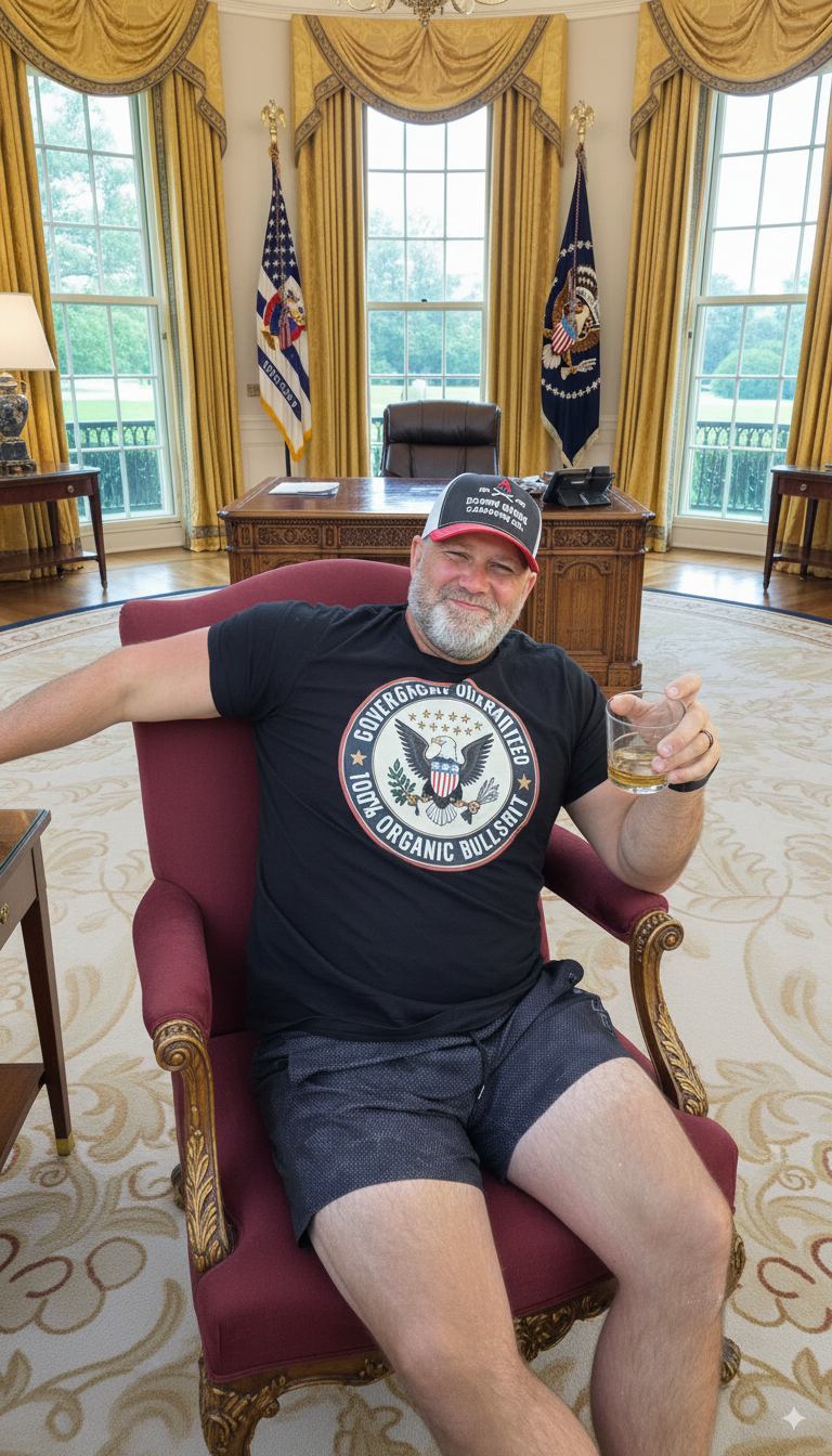 A man with a beard wearing a Viking helmet with large curved horns, sitting on a beige couch indoors.