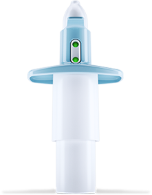 Medical device or part of a machine with a white and blue design, possibly a sensor or syringe component.