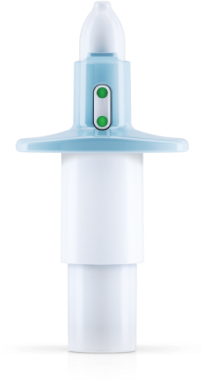 A medical device with a transparent plastic top, green indicator lights, and a white body, likely an ultrasound or diagnostic instrument.