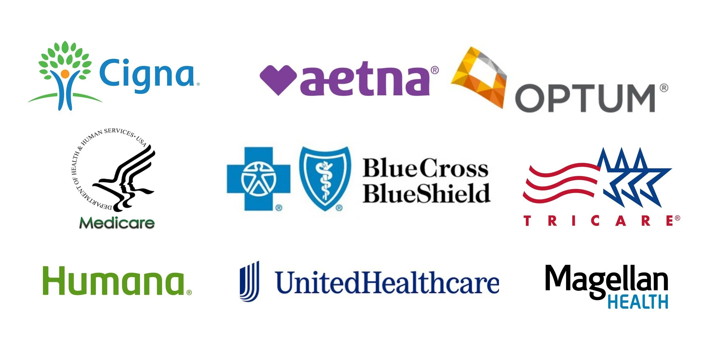 Collection of healthcare and insurance logos, including Cigna, Aetna, Optum, Medicare, Blue Cross Blue Shield, Tricare, Humana, UnitedHealthcare, and Magellan Health.