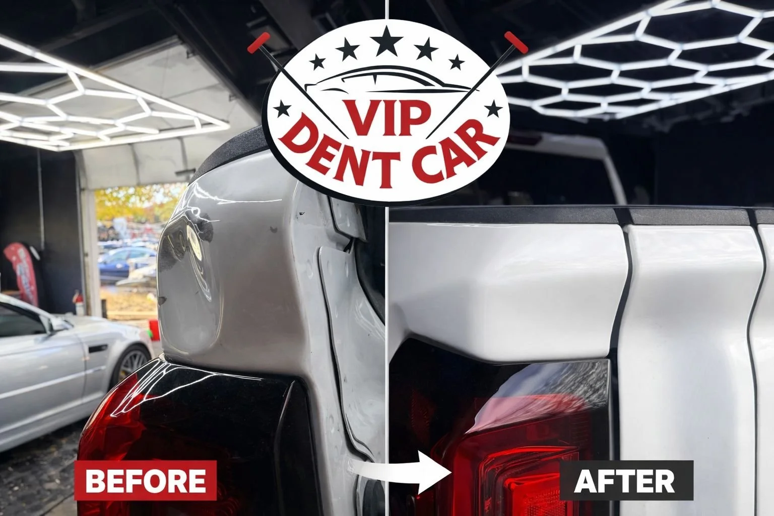 Comparison photo of a car's rear taillight before and after dent repair. The left side shows the damaged, dented tail light, and the right side shows the repaired, smooth tail light. The image has a circular badge at the top with the text 'VIP DENT CAR' and golf club icons. The bottom left corner has a red box with 'BEFORE' and the bottom right corner has a black box with 'AFTER'.