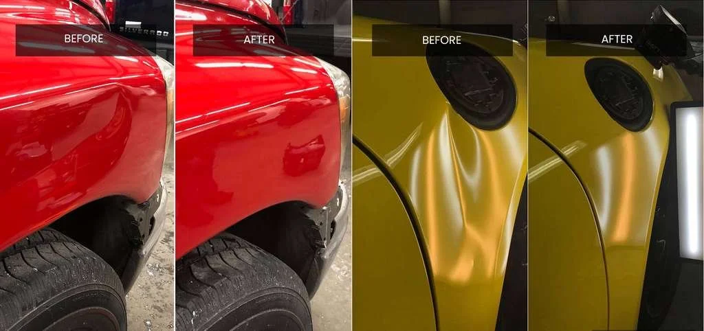 Comparison of car paint before and after polishing in the first pair, showing a red vehicle's fender with glossy finish. The second pair shows the front of a yellow car with reflective, smooth paint before and after polishing.