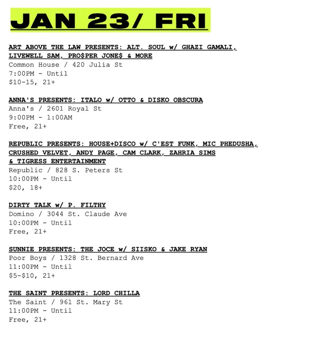 your wknd plans, 1/23-1/24 🌹 #itsfriday #mardigras #neworleans #nightlife #weekend

+

DONT DANCE DONT COME IS TOMORROW.

NO WALLFLOWERS.

XOXO,
Pleasure Savior
💦💋🖤🔥👸🏾

Good Measure
10PM
$7