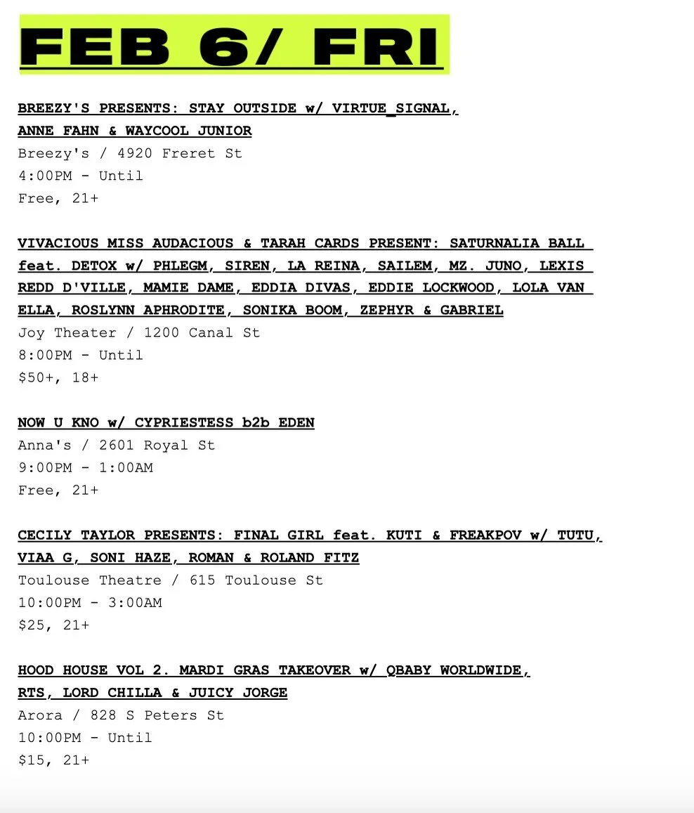 your wknd plans, 2/6-2/8 🌹 #itsfriday #mardigras #neworleans #nightlife #weekend