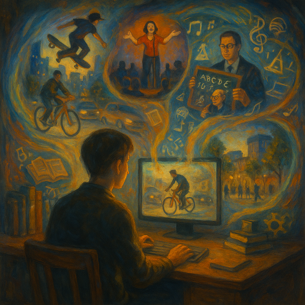 A painterly image of a person sitting at a desk with a computer watching a cyclist ride in the street, with other images streaming out of the screen.