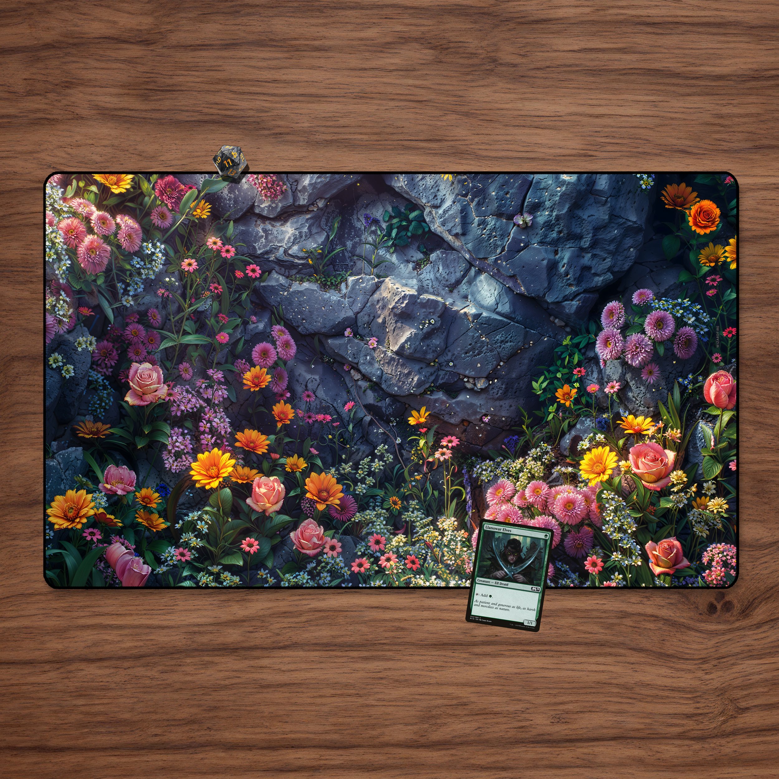 Magic Playmat - Flowers with Zones 23.6" x 13.8" MTG, TCG, Magic The Gathering Playmat