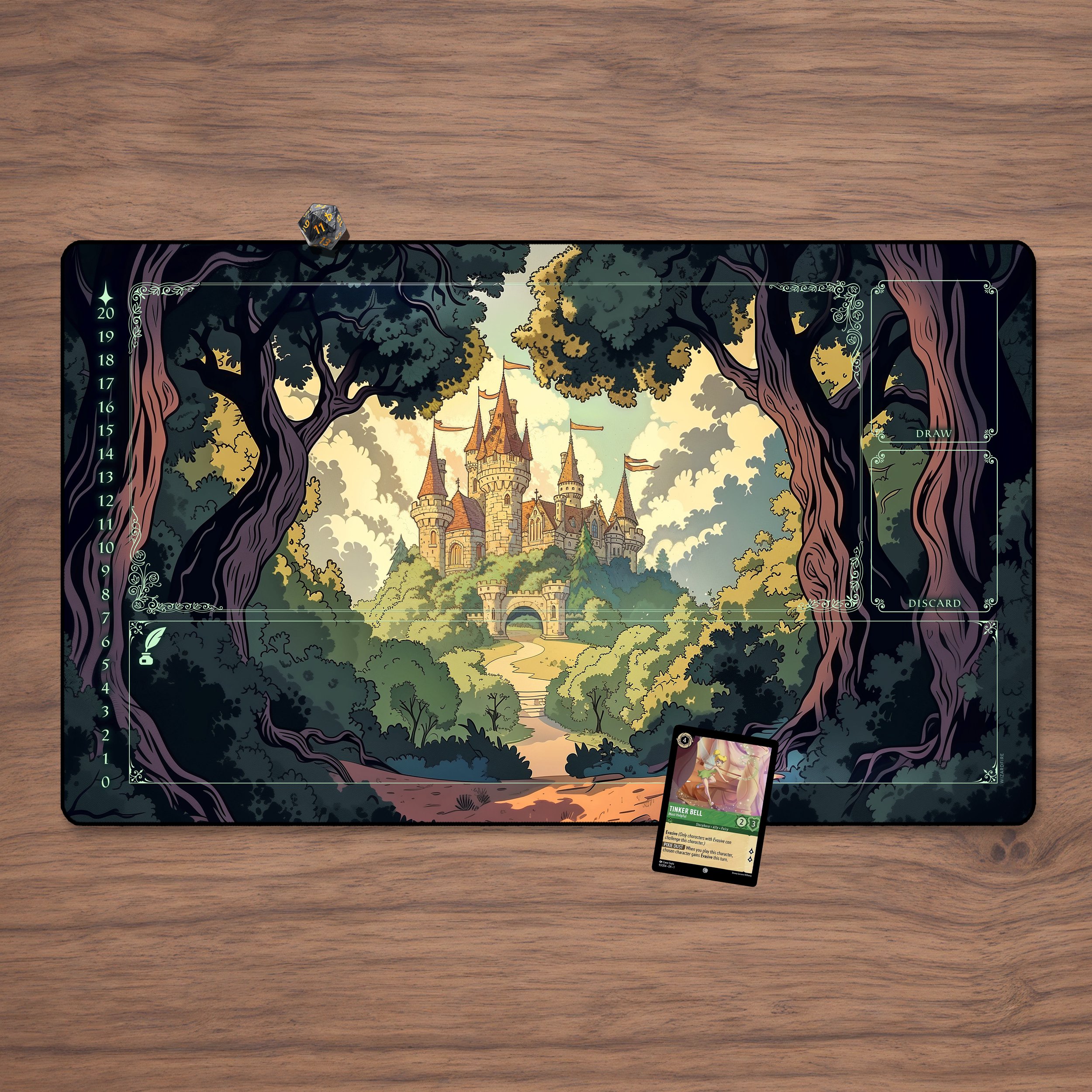 Lorcana Playmat - Enchanted Castle with Zones 23.6" x 13.8" Fine Quality with Stitched Edges.
